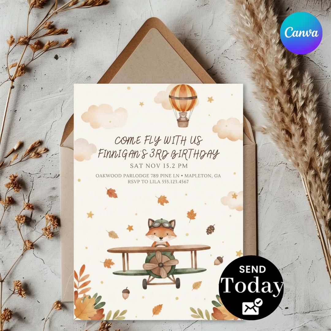 Boy's 3rd Birthday Invitation | Editable Fox Airplane Party Invite | Come Fly With Us Template | Autumn Woodland Theme | Digital & Printable