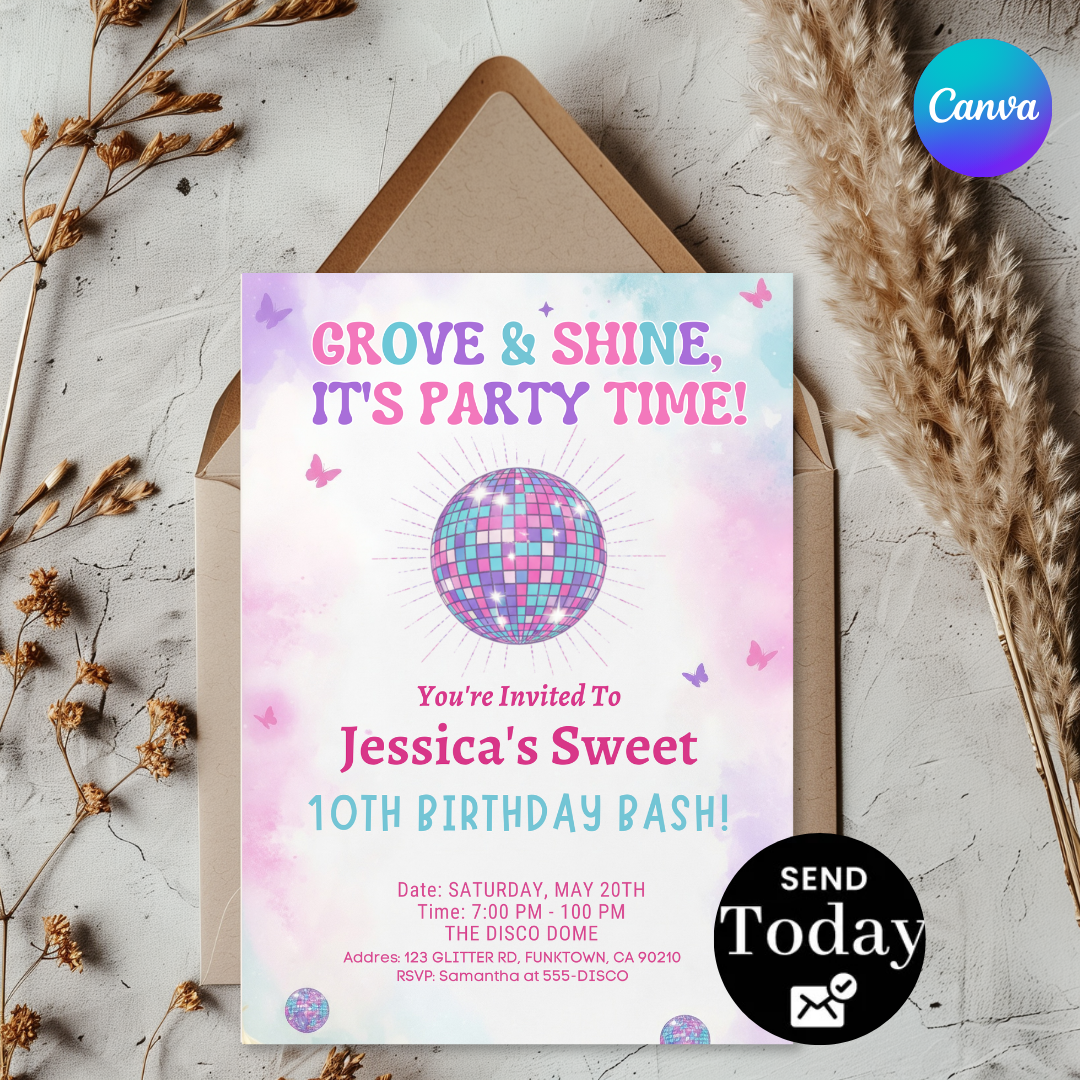 Groovy Disco Birthday Invitation Girl | Editable 10th Birthday Party Invite Template | 70s Theme Disco Ball & Butterfly Evite | Printable