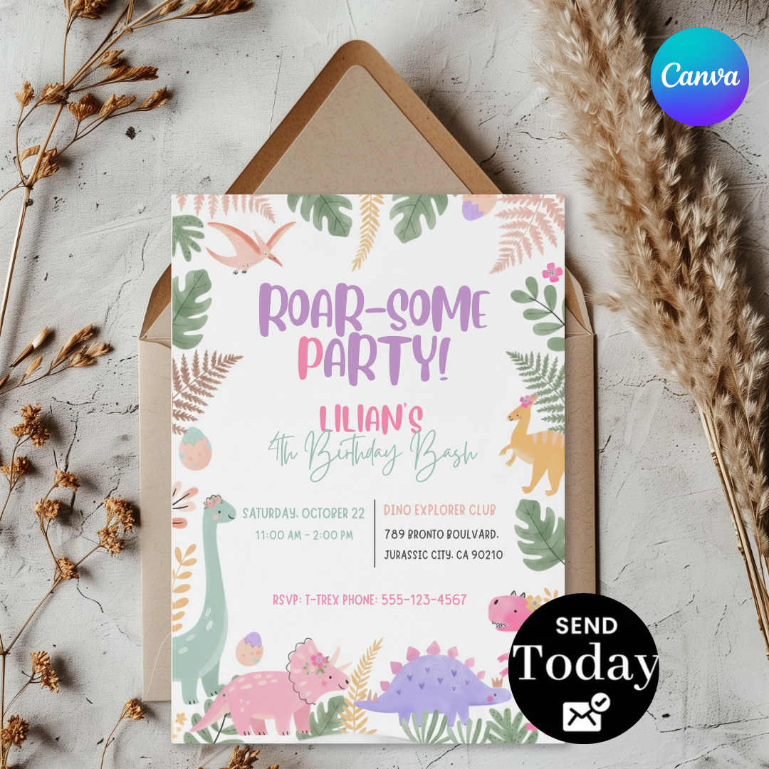 Girl Dinosaur Birthday Invitation Template | Editable Roar Some Party Invite | Pink Pastel Dino Birthday | Printable Digital Evite | Instant Download