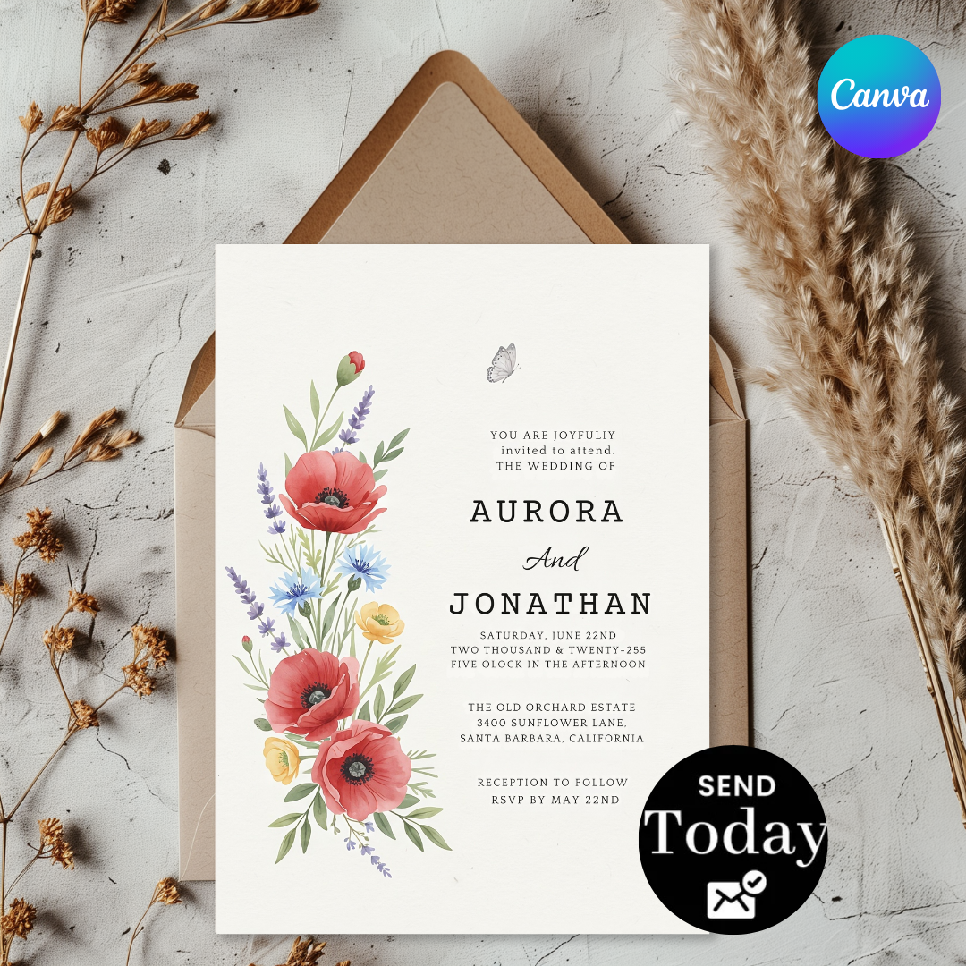 Wildflower Wedding Invitation Template | Editable Poppy Floral Invite | Rustic Garden Wedding | Printable Digital Evite | Instant Download