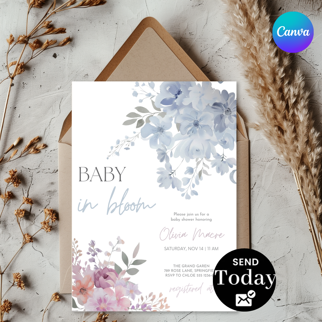 Baby in Bloom Baby Shower Invitation | Editable Celestial Floral Invite Template | Butterfly Boy or Girl Shower | Printable Digital Download