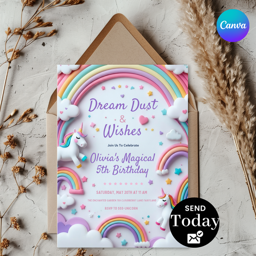 Editable Unicorn Birthday Invitation Girl | Magical Rainbow Party Invite Template | Pastel Clouds & Stars | Digital Evite | Instant Download