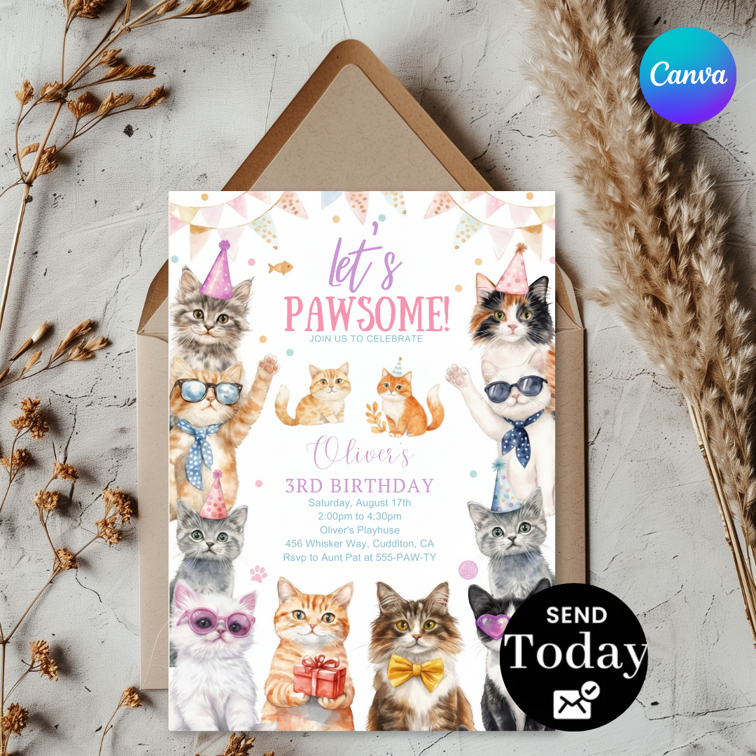 Cat Birthday Invitation Template | Pawsome Kitten Party Invite for Boy or Girl | Editable Canva Evite | Kids Pet Theme | Instant Download