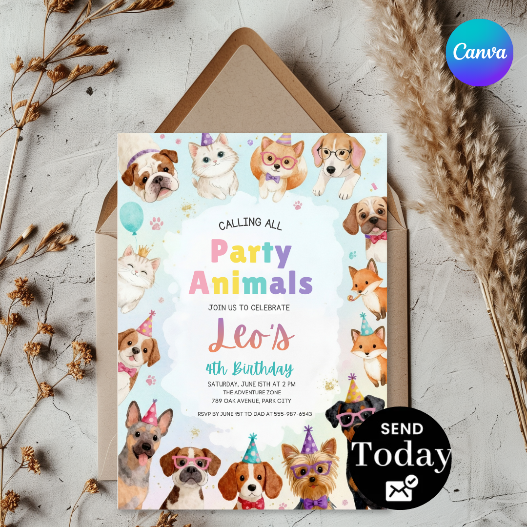 Party Animals Birthday Invitation | Editable Pet Party Invite for Boy or Girl | Puppy Kitten Theme | Printable Digital Template | Instant Download
