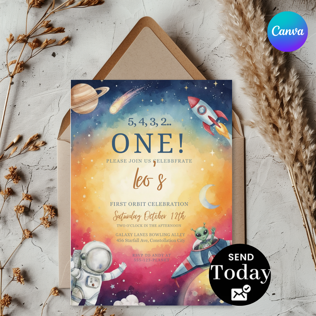 Boy's First Orbit Birthday Invitation Template | Editable Outer Space Party Invite | Astronaut Galaxy 1st Birthday | Printable Digital Download