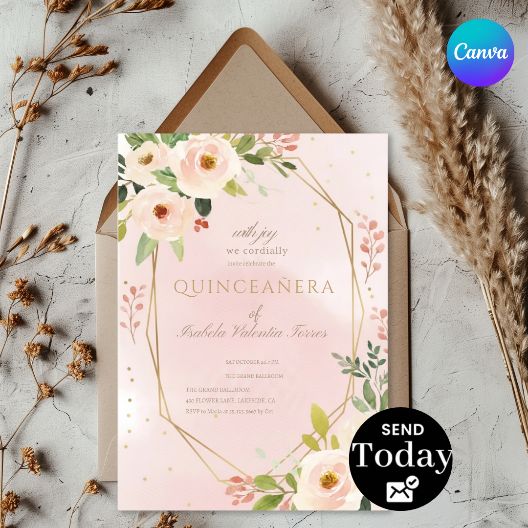 Editable Quinceañera Invitation Template | Blush Pink Floral Invite For Her | Gold Geometric Mis Quince Años | Printable 15th Birthday | Digital