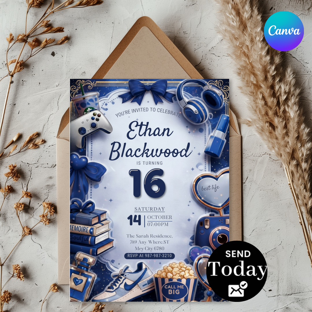 Boy's 16th Birthday Invitation | Editable Blue Aesthetic Teen Invite | Favorite Things Party Template | Digital Evite | Instant Download