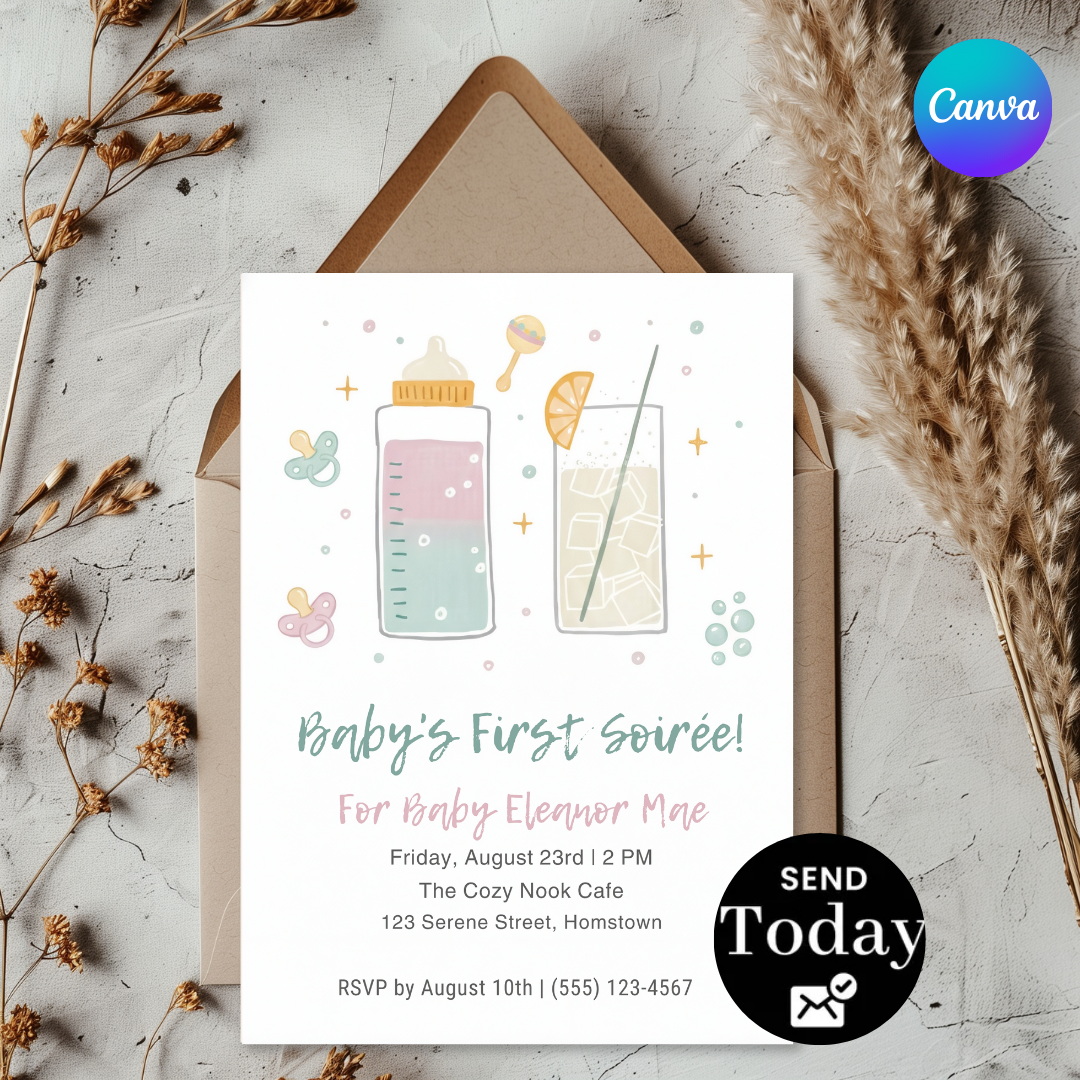 Baby's First Soirée Invitation Girl | Editable Bottles & Cocktails Template | Modern Sip and See Baby Shower Invite | Printable & Digital