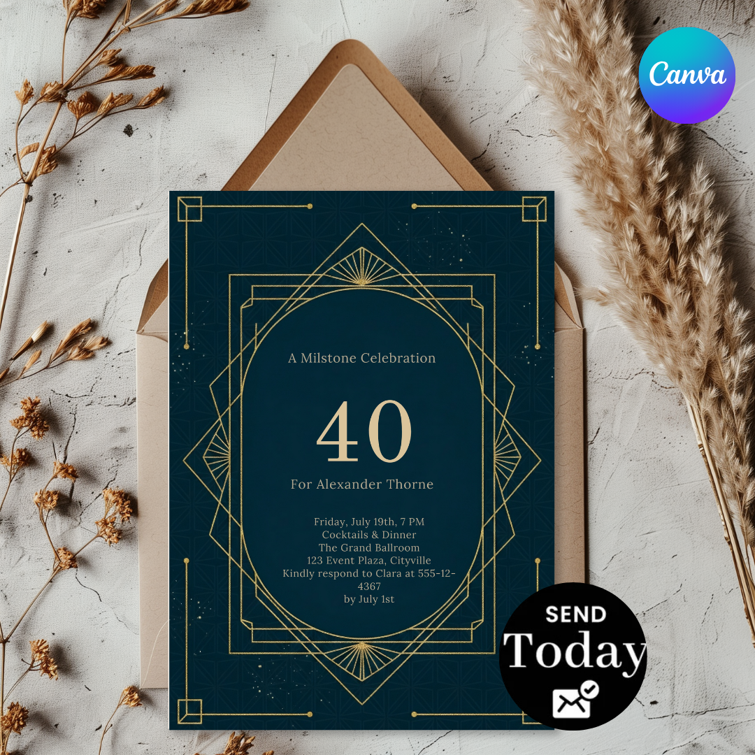 Art Deco 40th Birthday Invitation For Him | Editable Gatsby Party Template | Roaring 20s Milestone Invite | Printable & Digital Evite
