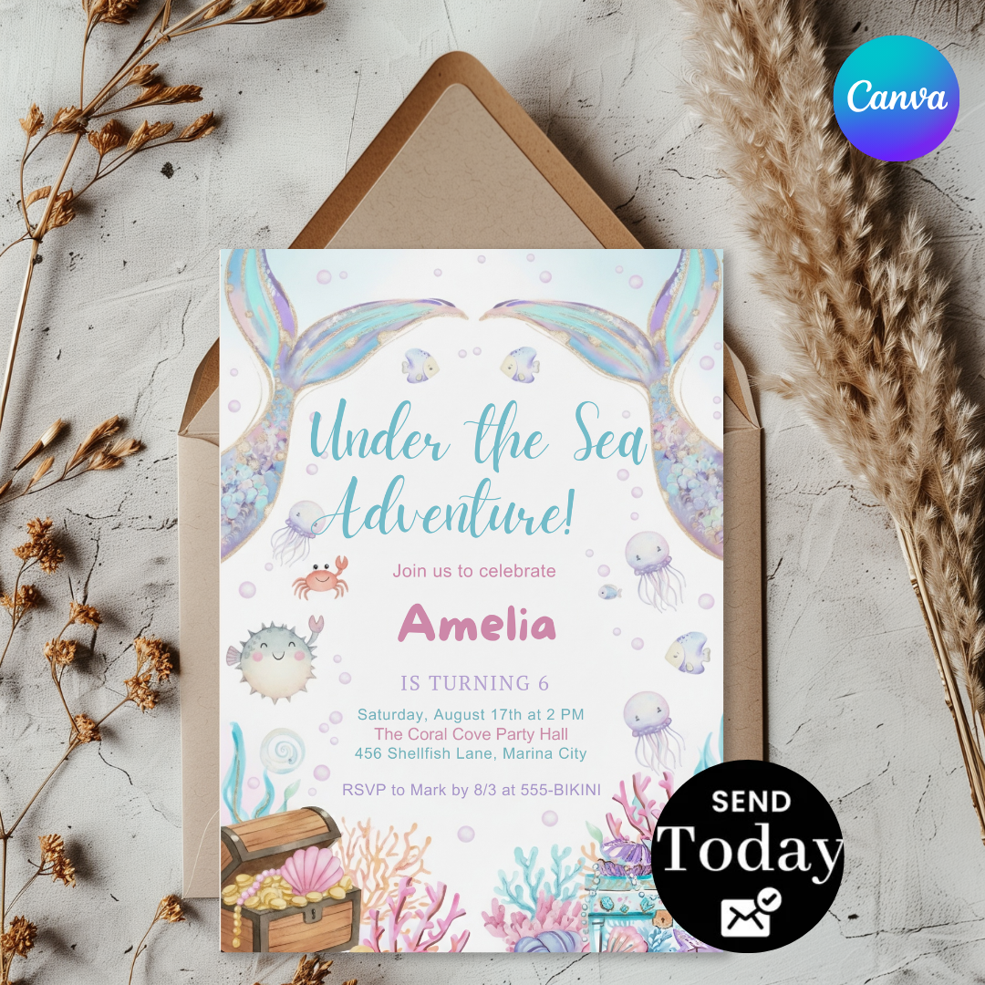 Mermaid Birthday Invitation Girl | Under the Sea Party Invite | Editable Ocean Adventure Template | Pastel Watercolor Evite | Instant Download