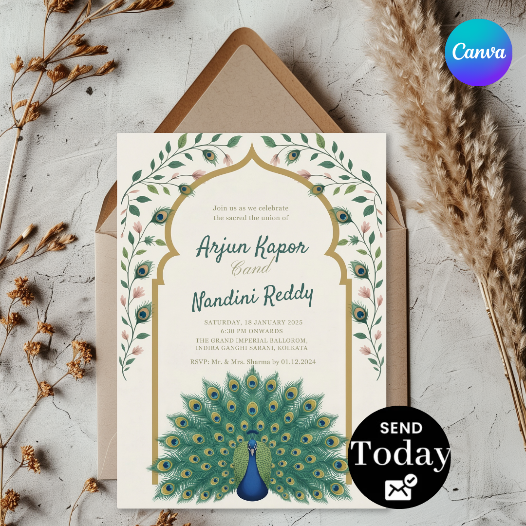 Indian Wedding Invitation Template | Editable Peacock Invite | Royal Desi Wedding Card | Printable Hindu Wedding Stationery | Digital Download