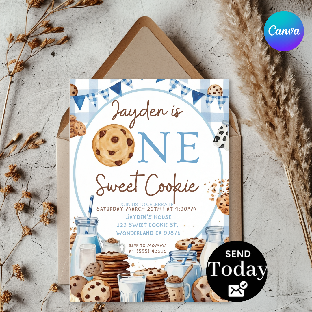 Boy's First Birthday Invitation | One Sweet Cookie Invite | Editable Milk & Cookies Template | Printable Digital Party Evite | Instant Download