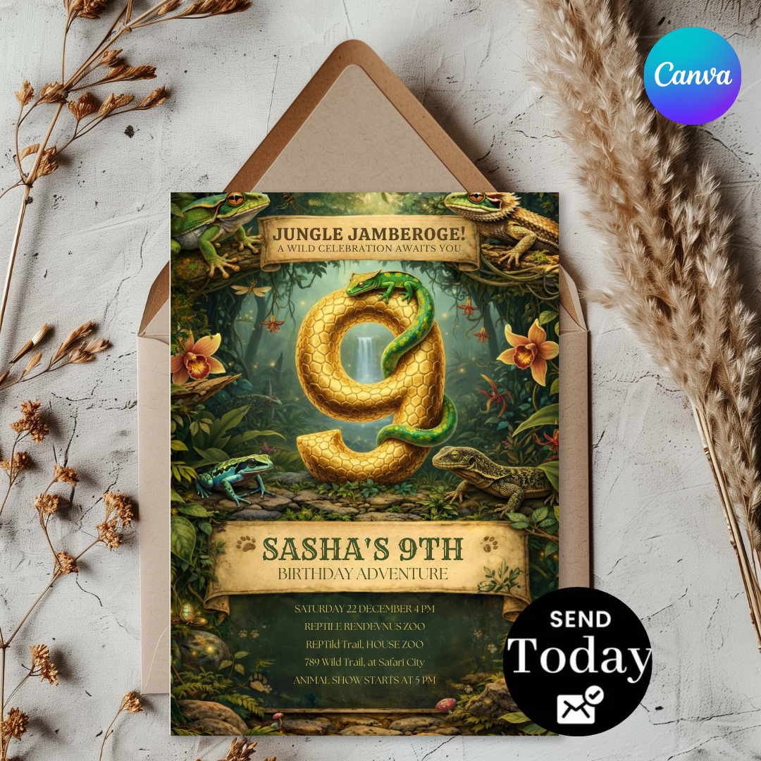 Reptile Birthday Invitation | Jungle Adventure Party Invite for Boy or Girl | Editable 9th Birthday Template | Lizard & Frog Theme | Digital Evite