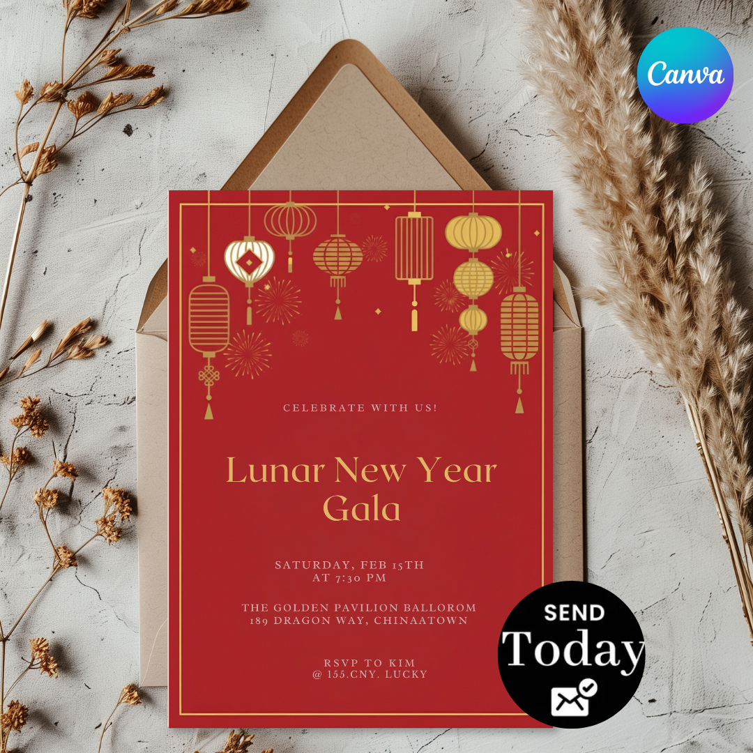 Lunar New Year Gala Invitation | Editable Chinese New Year Party Template | Red and Gold Lanterns Evite | Printable Digital | Instant Download
