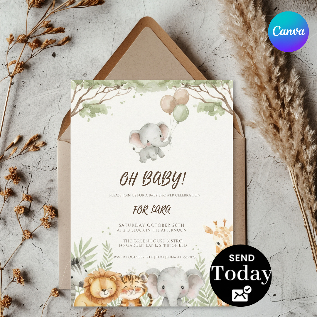 Editable Jungle Safari Invitation Template | Watercolor Animal Party Invite | Printable Instant Download