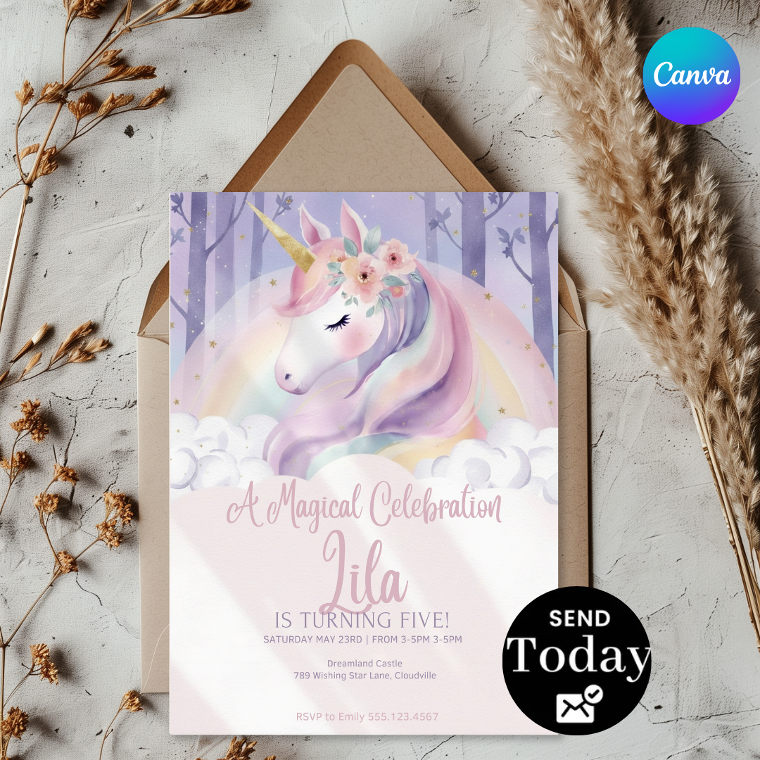 Magical Unicorn Birthday Invitation Girl | Editable 5th Birthday Party Invite | Pastel Rainbow Floral Template | Printable | Instant Download