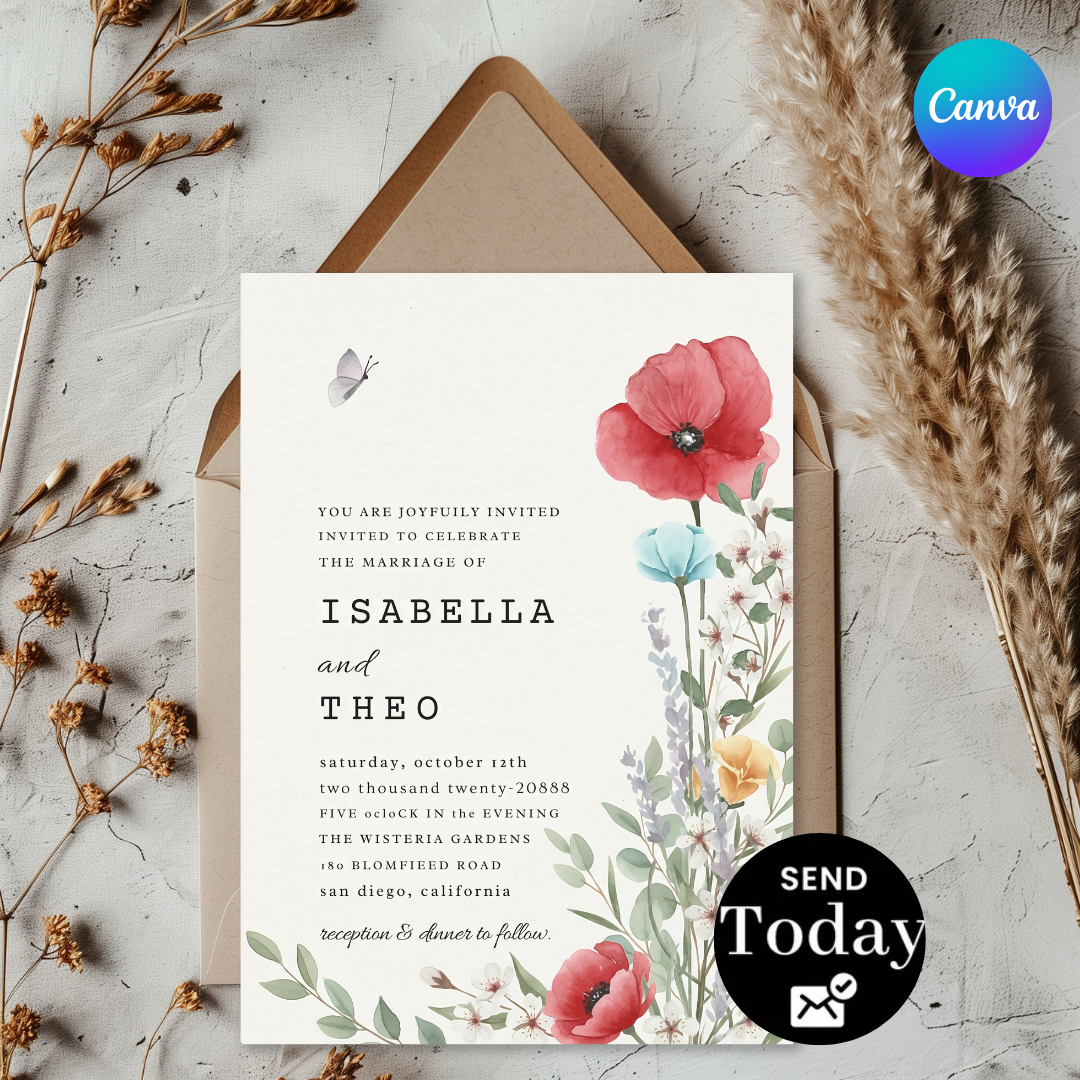 Wildflower Wedding Invitation Template | Editable Poppy Floral Invite | Rustic Garden Wedding | Printable Digital Download | Canva Template