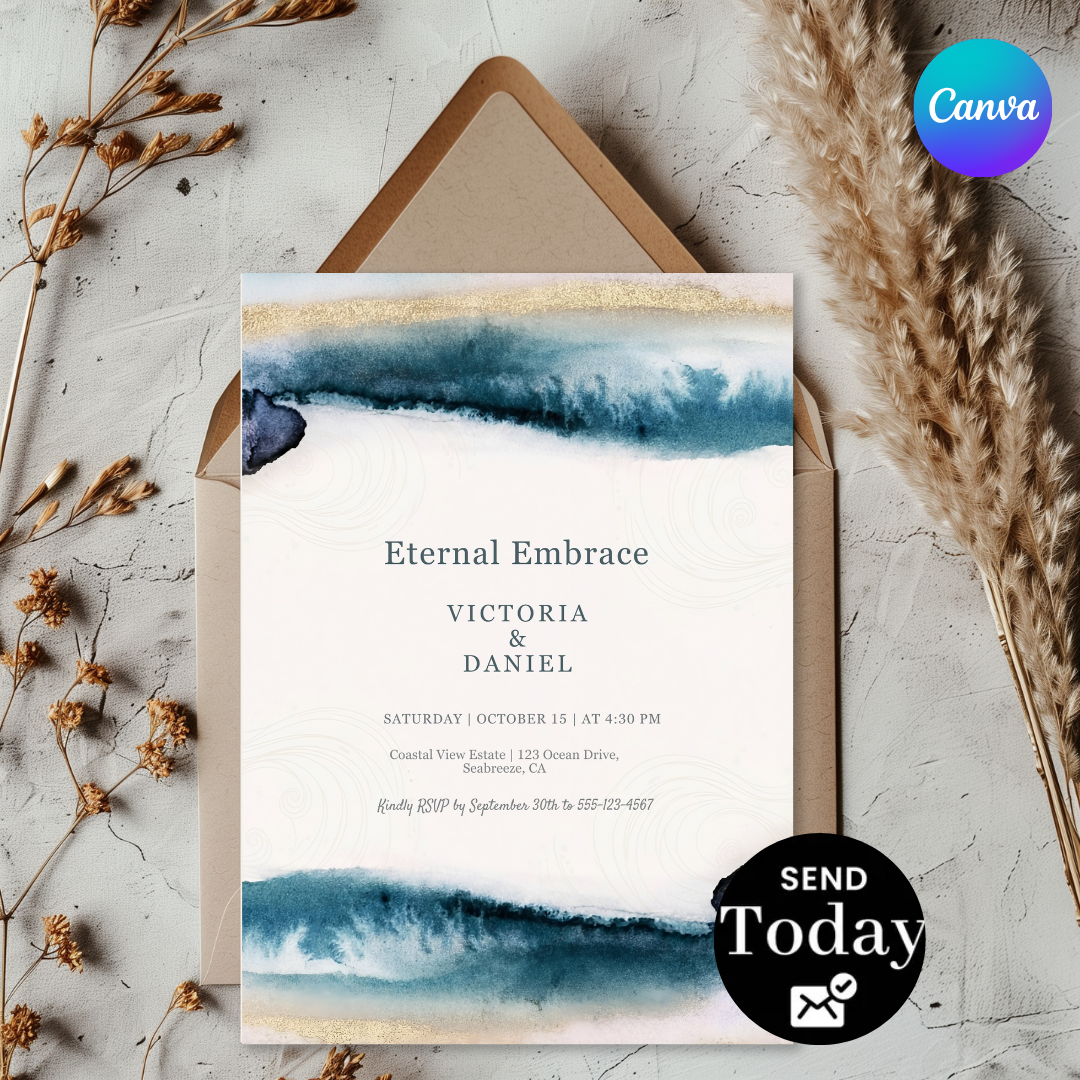 Ocean Wedding Invitation Template | Editable Blue Gold Watercolor Invite | Modern Coastal Beach Wedding | Printable Canva Evite | Instant Download