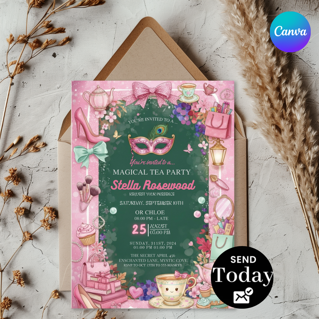Magical Tea Party Invitation | Editable Girl's Birthday Invite | Masquerade Glam Party Template | Printable Digital Evite | Instant Download