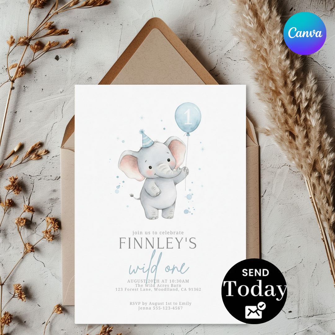 Boy's First Birthday Invitation | Editable Elephant Wild One Invite Template | Blue Watercolor Animal Party | Digital Evite | Instant Download