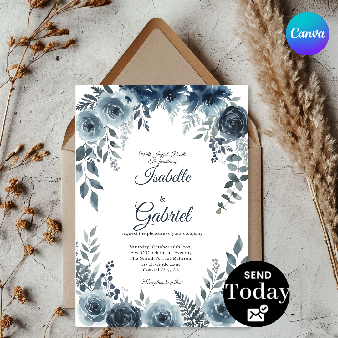 Dusty Blue Wedding Invitation Template | Editable Navy Floral Invite | Watercolor Flowers | Elegant Printable Wedding Suite | Instant Download
