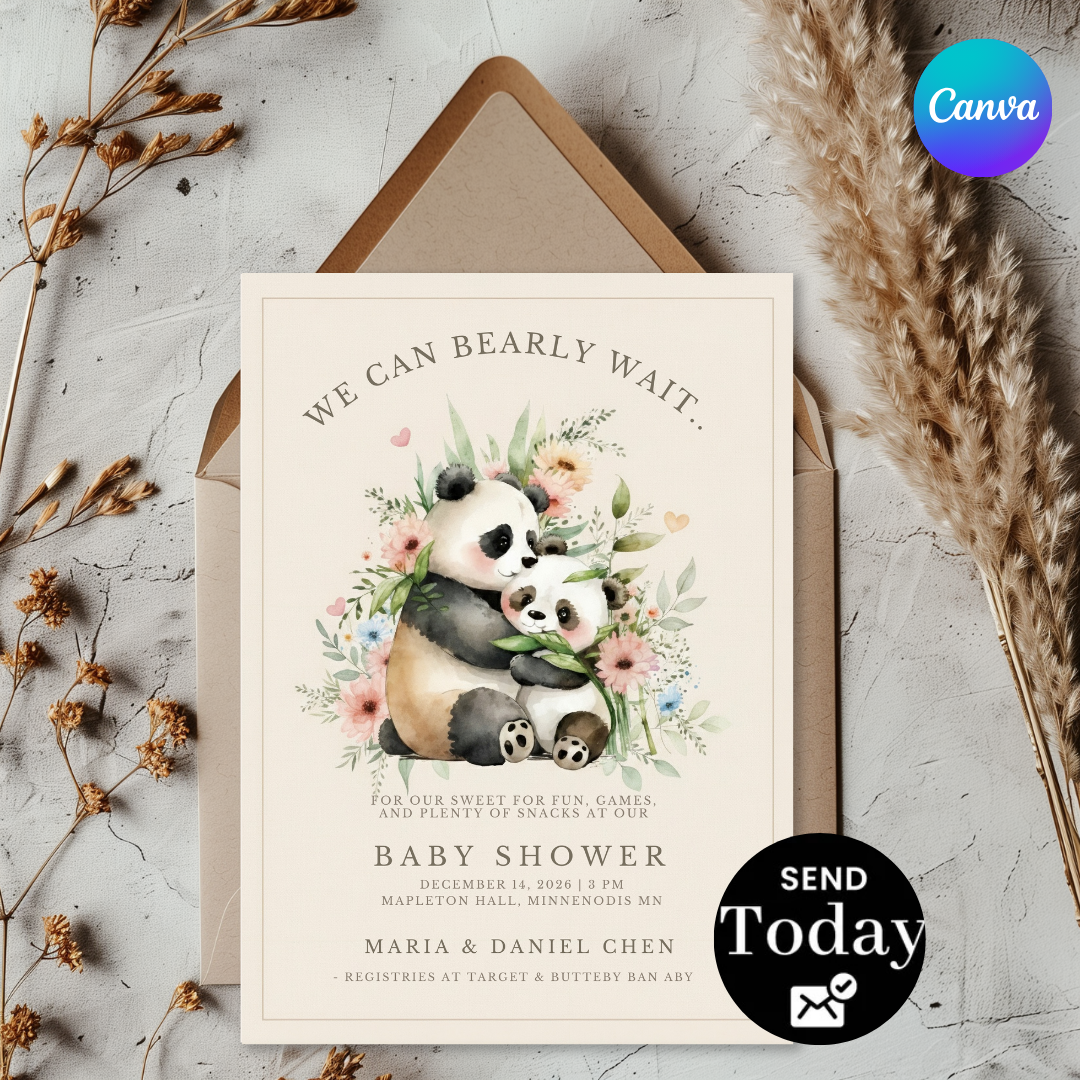 Panda Bear Invitation Template | We Can Bearly Wait Party Invite | Watercolor Animal Floral Theme | Editable Printable | Instant Download
