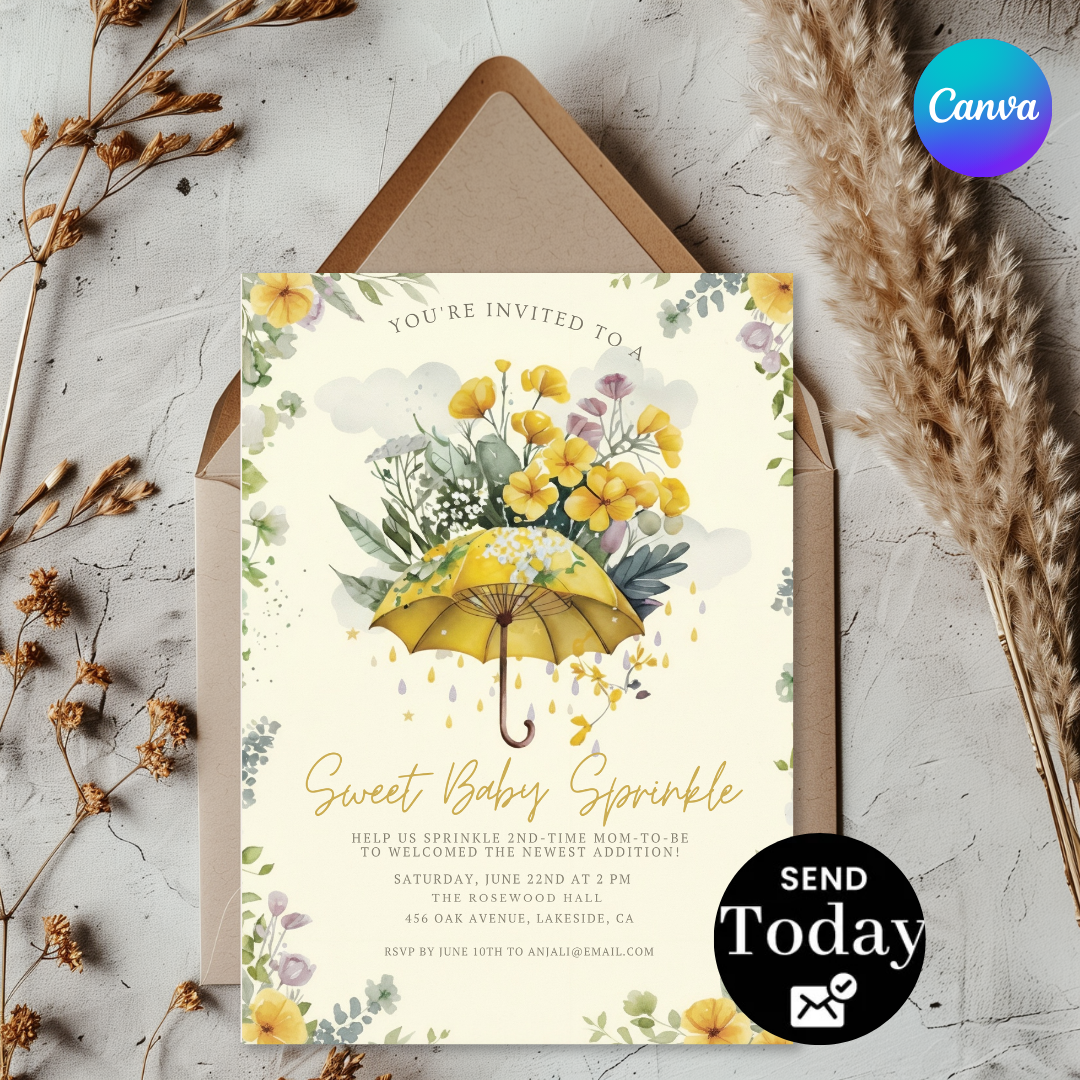Baby Sprinkle Invitation Template | Yellow Umbrella Floral Invite | Editable Sprinkle for Boy or Girl | Watercolor 2nd Baby Shower | Printable
