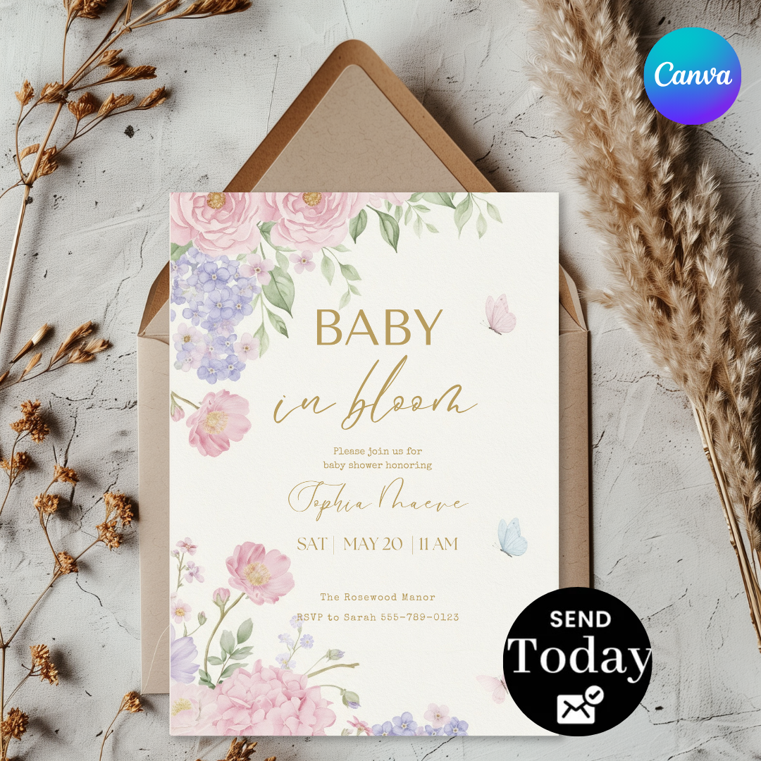 Baby in Bloom Baby Shower Invitation Girl | Editable Floral Butterfly Invite | Watercolor Garden Party Template | Printable & Digital Download