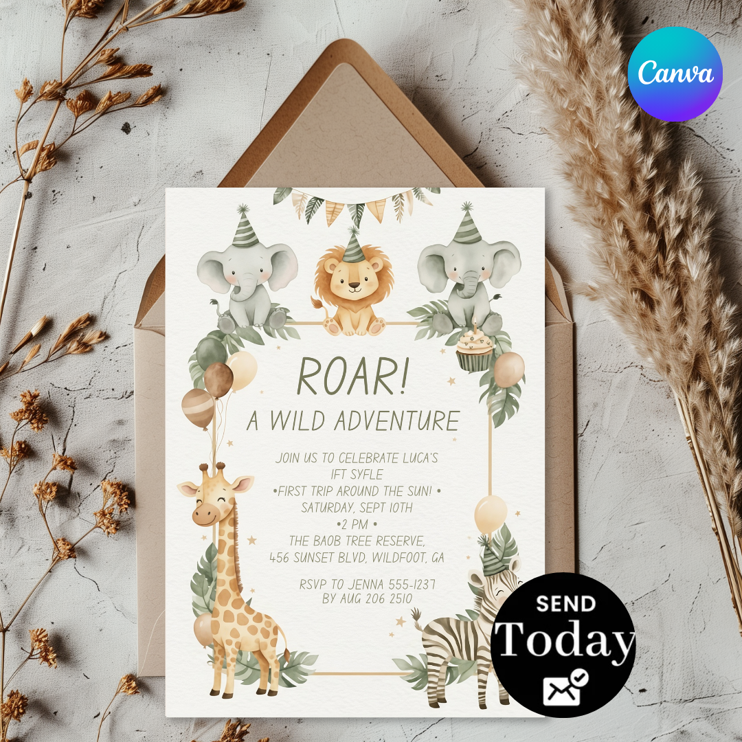 Editable Safari Birthday Invitation | Wild One First Birthday Invite for Boy or Girl | Jungle Animals Template | First Trip Around the Sun
