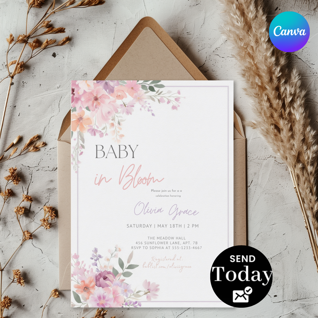 Baby in Bloom Baby Shower Invitation | Girl Baby Shower Invite | Editable Floral Butterfly Template | Printable Garden Party | Instant Download