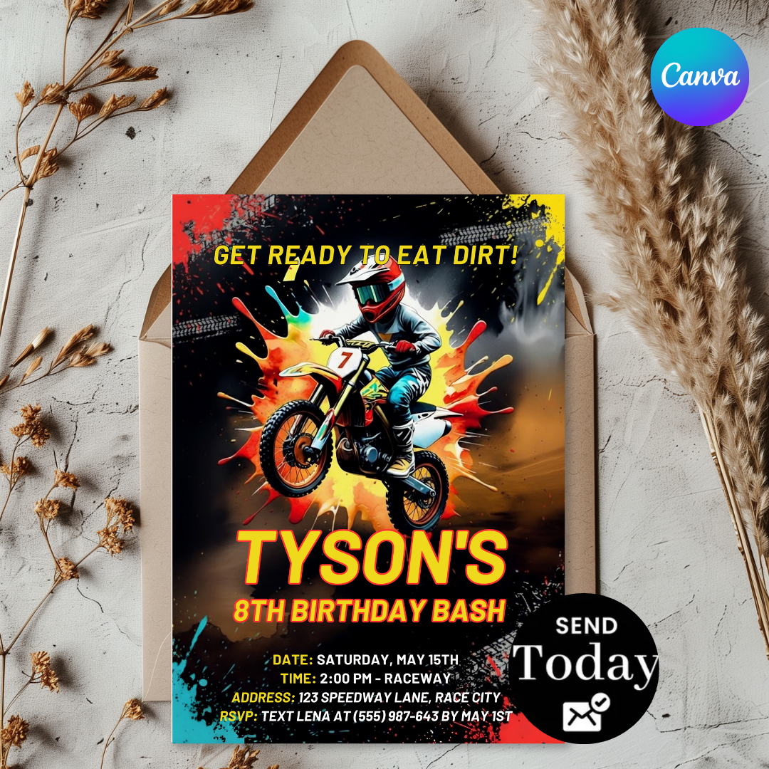Boy's Motocross Birthday Invitation | Editable Dirt Bike Party Template | Racing Invite for Kids | Printable | Instant Download | Eat Dirt