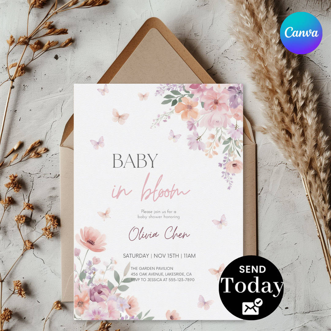 Baby in Bloom Baby Shower Invitation Girl | Editable Floral Butterfly Invite | Watercolor Garden Party Template | Printable Digital Invite