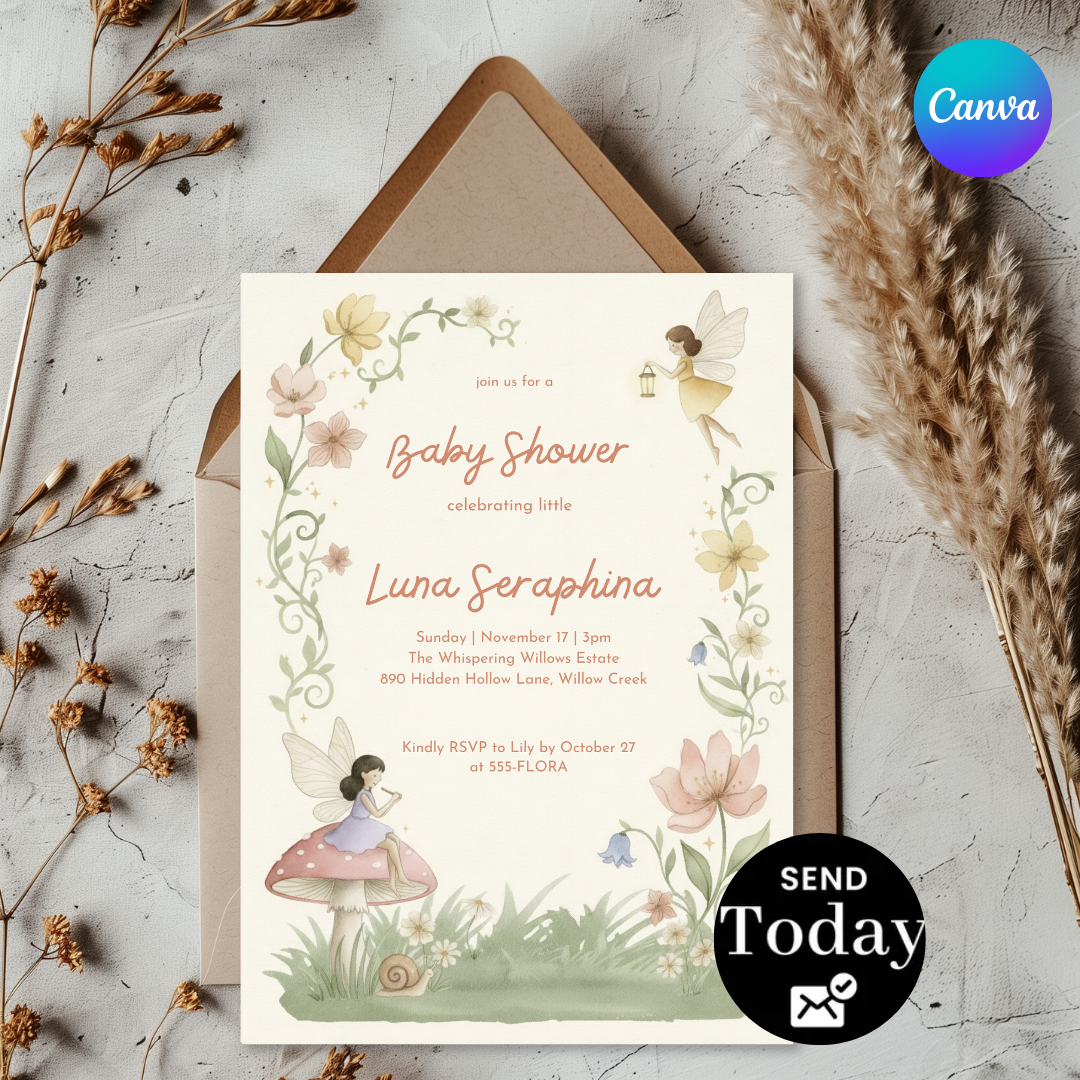Fairy Baby Shower Invitation Girl | Whimsical Woodland Invite Template | Enchanted Forest | Editable Printable Digital Evite | Instant Download