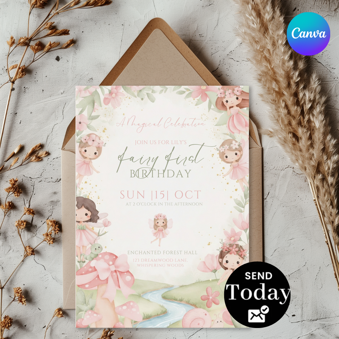 Fairy First Birthday Invitation Girl | Editable Enchanted Forest Invite | Magical 1st Birthday Party Template | Pink and Gold | Digital Evite