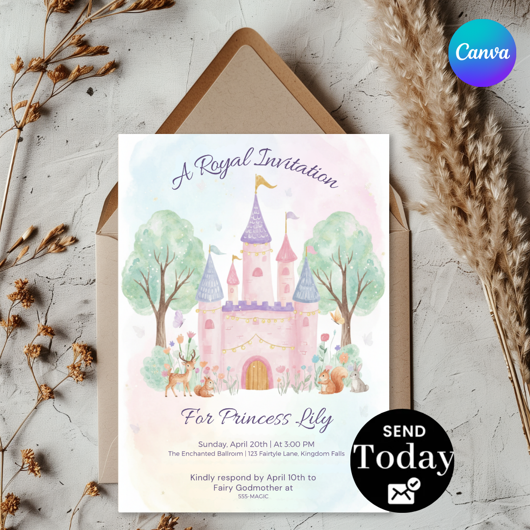 Princess Birthday Invitation Template | Editable Royal Castle Invite for Girl | Fairytale Woodland Party | Printable Digital | Instant Download