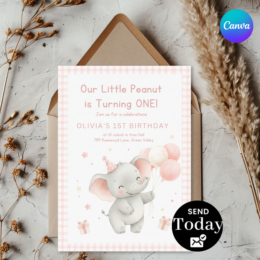 Elephant First Birthday Invitation Girl | Little Peanut is ONE Invite Template | Editable Pink Gingham Party | Printable Digital Evite