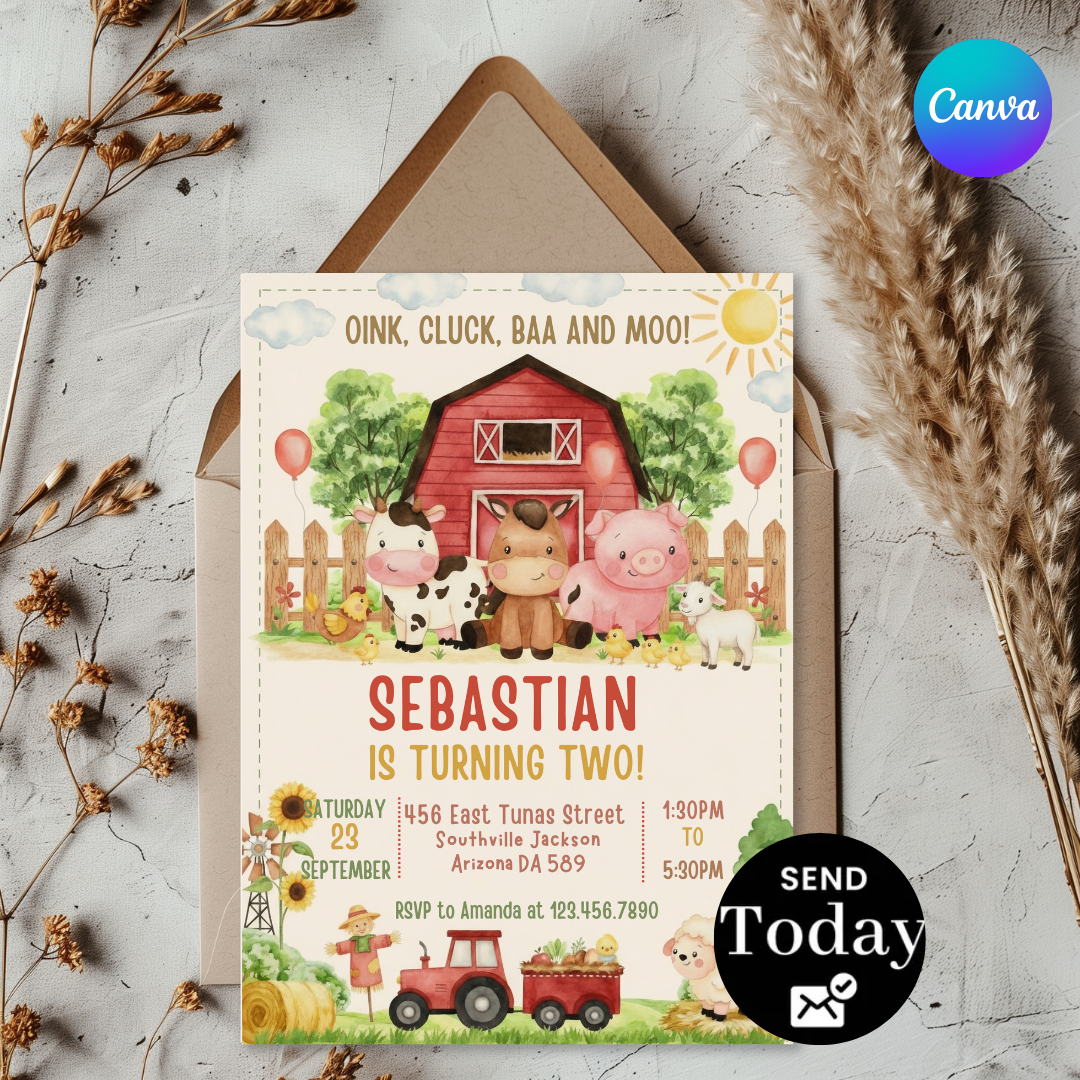 Farm Animal Birthday Invitation Template | Editable Barnyard Bash Invite for Boys and Girls | Printable Kids Party Card | Digital Download