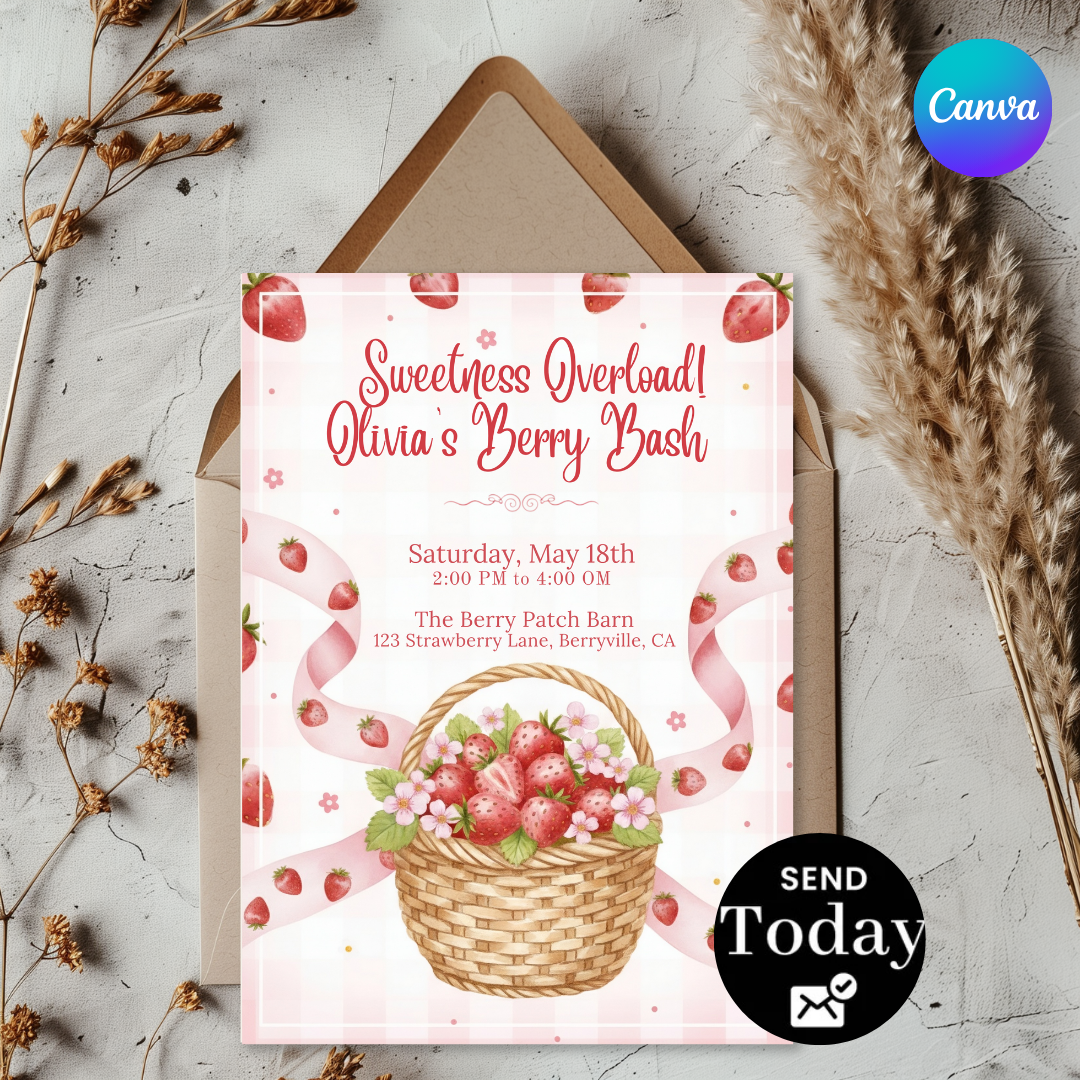 Strawberry Birthday Invitation Girl | Berry First Birthday Invite Template | Editable Sweetness Overload Party | Printable Digital Instant Download