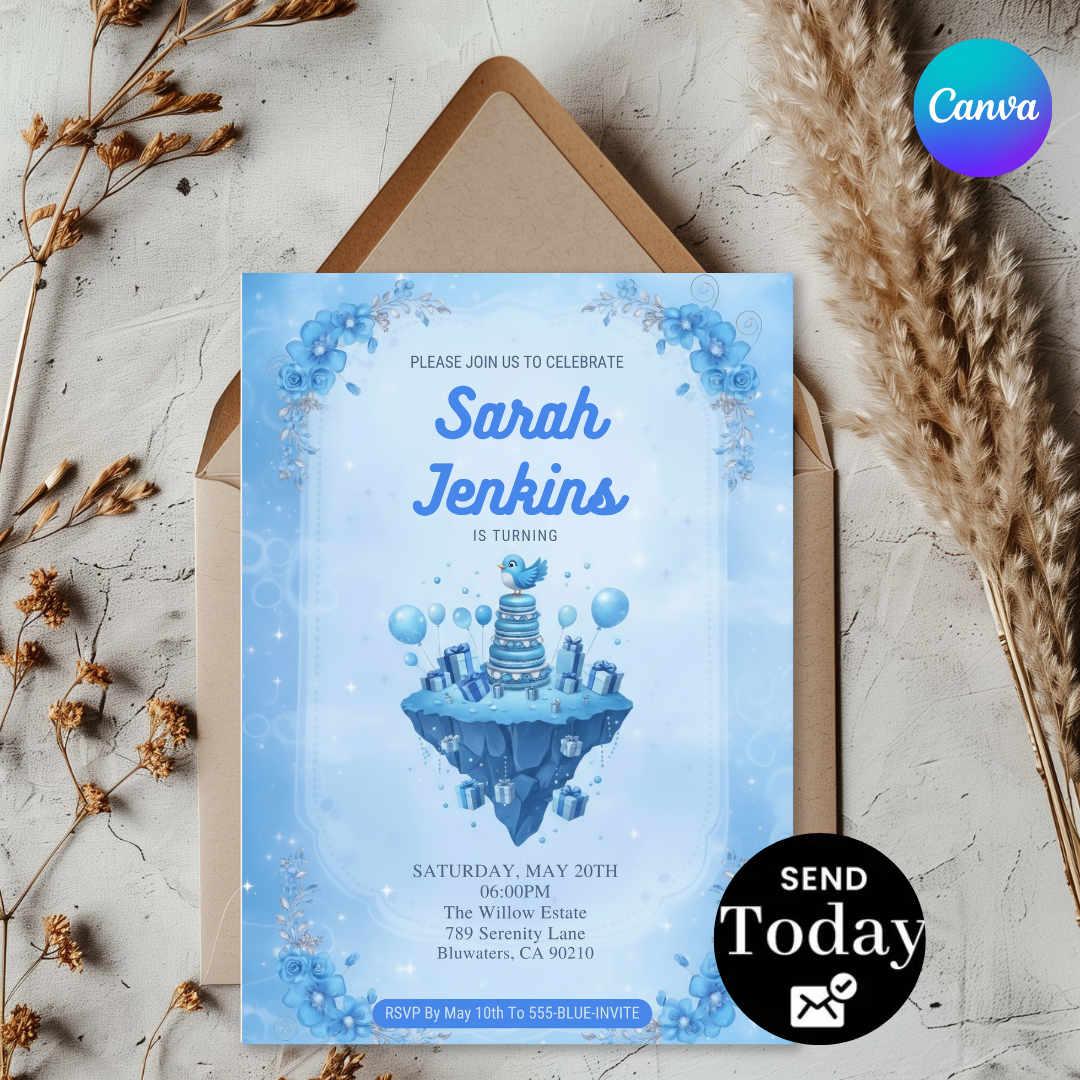 Blue Bird Birthday Invitation Template | Girl's Magical Sky Party Invite | Whimsical Blue Floral Editable Evite | Instant Download Printable