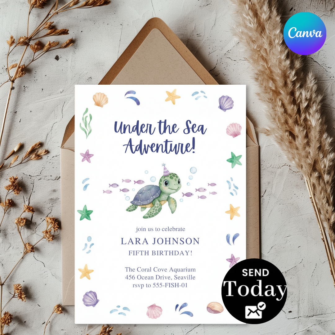 Under the Sea Birthday Invitation | Turtle Party Invite for boys and girls | Editable Ocean Adventure Template | Printable | Instant Download