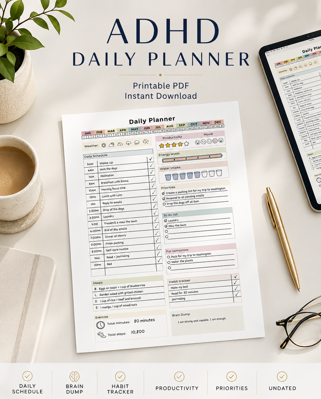 ADHD Daily Planner Printable, Undated ADHD Planner PDF, Brain Dump, Task List, Habit Tracker, Productivity
