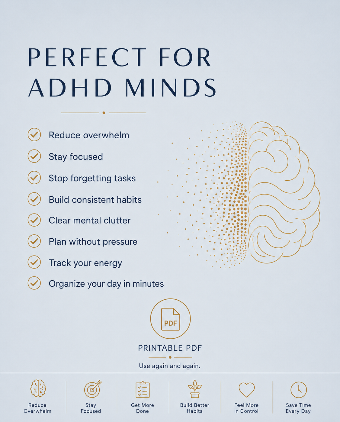 ADHD Daily Planner Printable, Undated ADHD Planner PDF, Brain Dump, Task List, Habit Tracker, Productivity